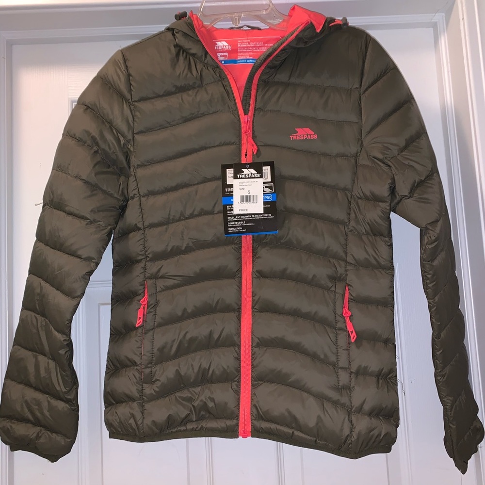 Trespass down jacket, olive with pink accents